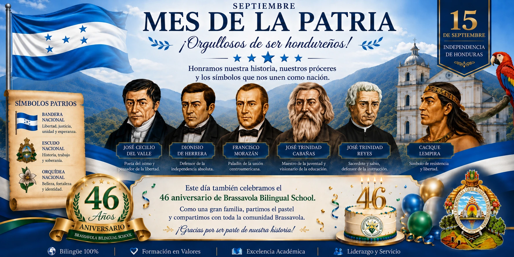 Commemorative banner for Independence Month and Brassavola Bilingual School 46th anniversary